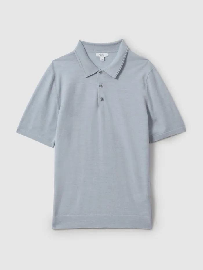 REISS Polo Shirts Men Merino Wool Polo Shirt Soft Blue Melange