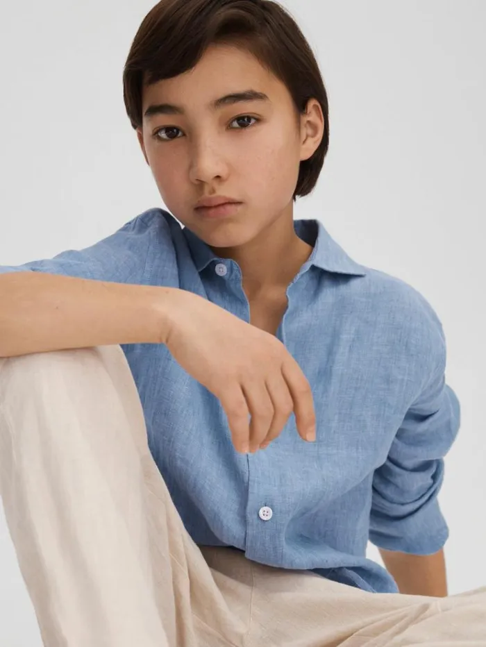 REISS Shirts Children 100 Linen Cutaway Collar Shirt Sky Blue