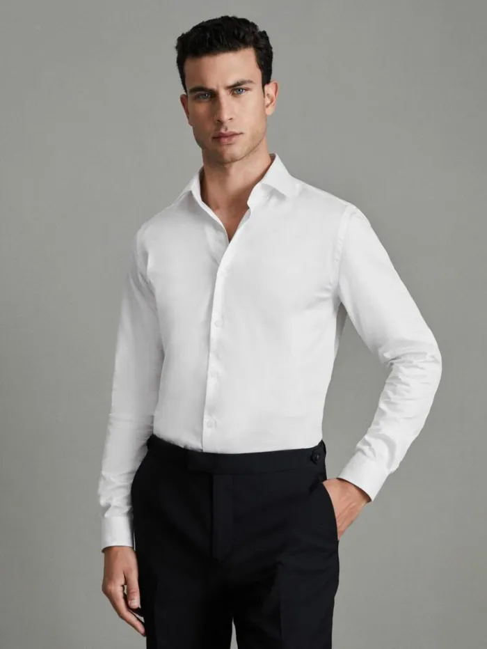 REISS Shirts Men Cotton Sateen Shirt White
