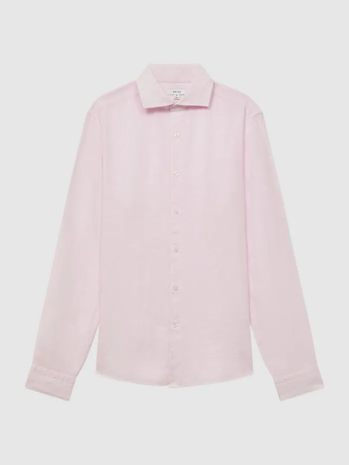 REISS Shirts Men Linen ButtonThrough Shirt Soft Pink