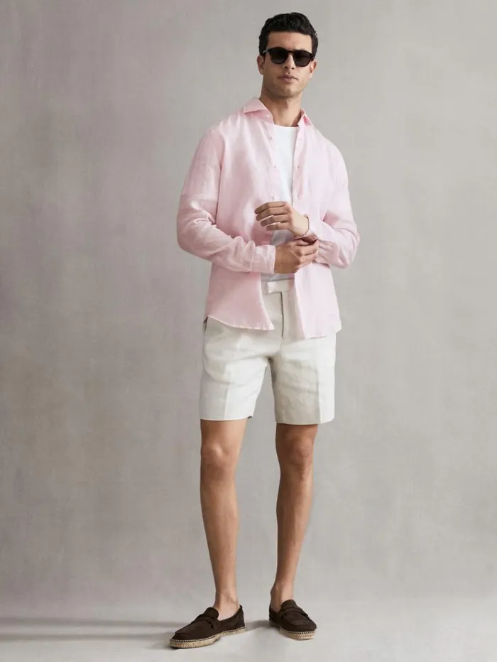REISS Shirts Men Linen ButtonThrough Shirt Soft Pink