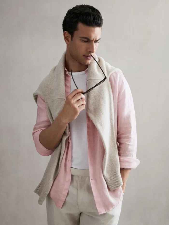 REISS Shirts Men Linen ButtonThrough Shirt Soft Pink