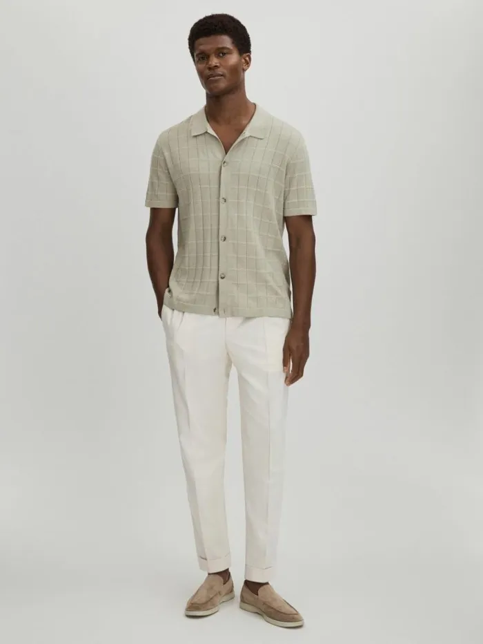 REISS Shirts Men Paige CottonLinen Knitted Check Shirt Sage