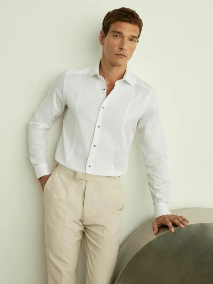 REISS Shirts Men Slim Fit Cotton Marcella Tuxedo Shirt White