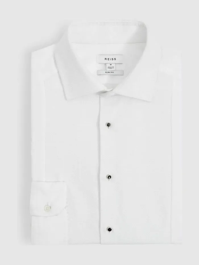 REISS Shirts Men Slim Fit Cotton Marcella Tuxedo Shirt White