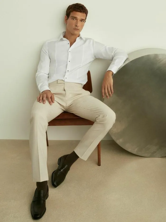 REISS Shirts Men Slim Fit Cotton Marcella Tuxedo Shirt White