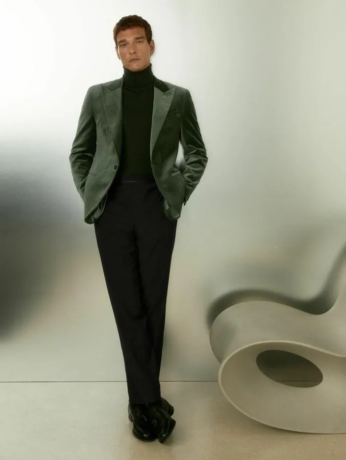 REISS Suits and Tailoring Men Cotton Blend Velvet Blazer Sage Green