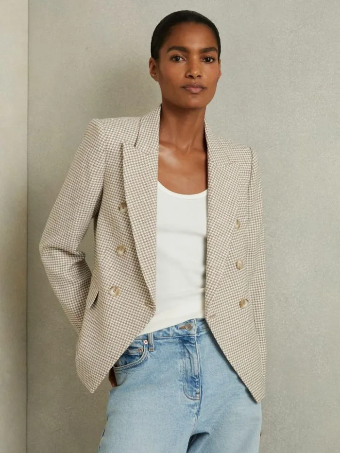 REISS Suits and Tailoring Women WoolBlend DoubleBreasted Dogtooth Blazer Beige Check