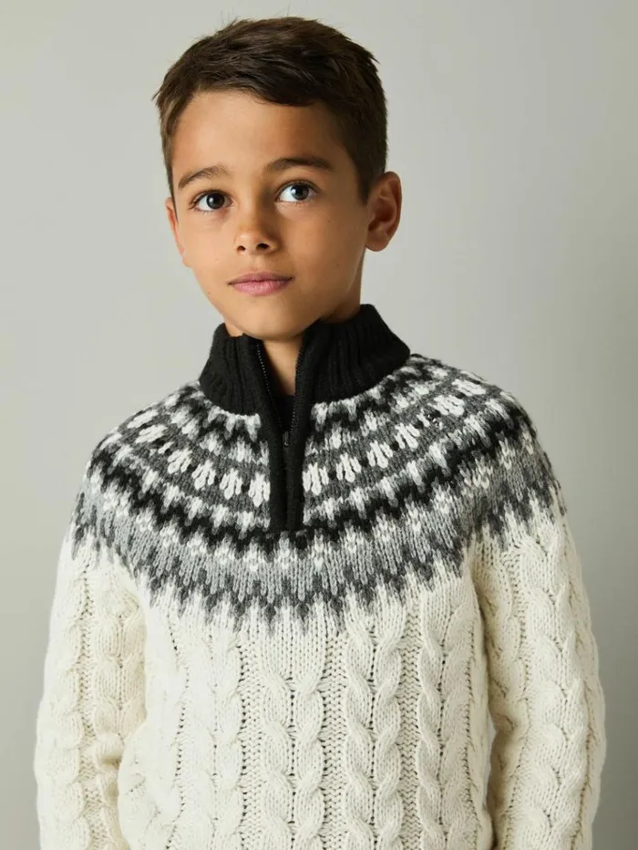 REISS Sweaters Children Fair Isle Cabled Jumper With Cotton And Wool Whitegreyblack