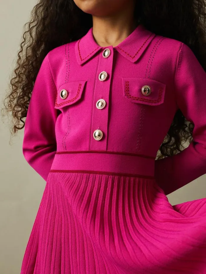 REISS Sweaters Children Knitted Contrast Stitch Dress Pink