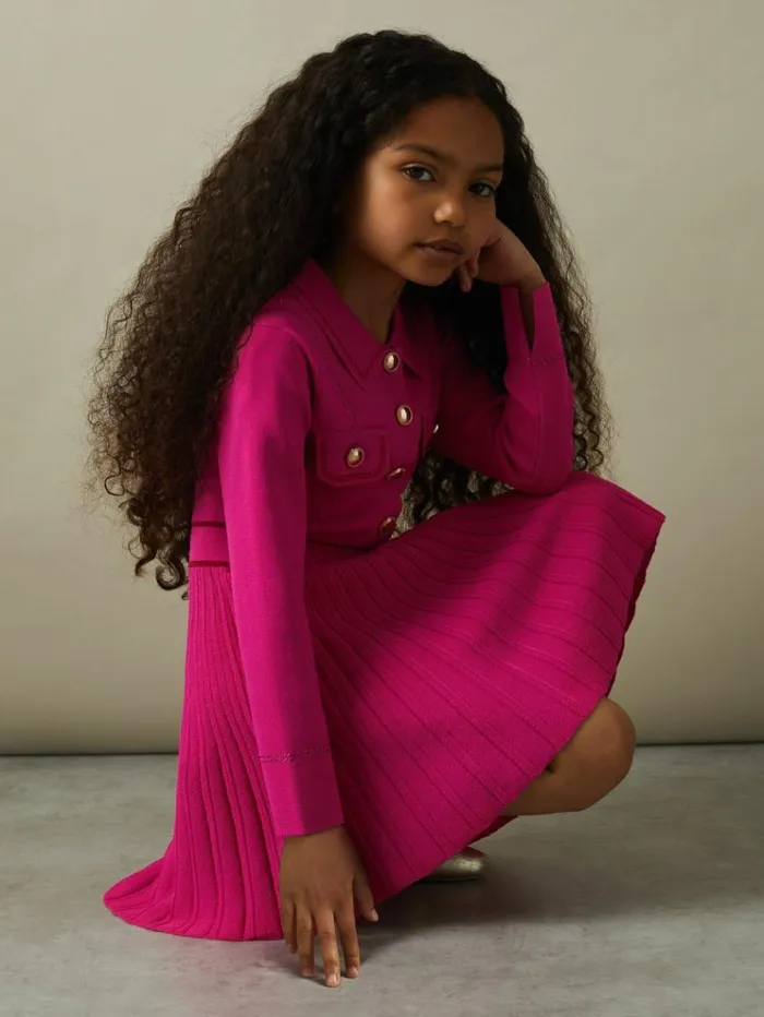 REISS Sweaters Children Knitted Contrast Stitch Dress Pink