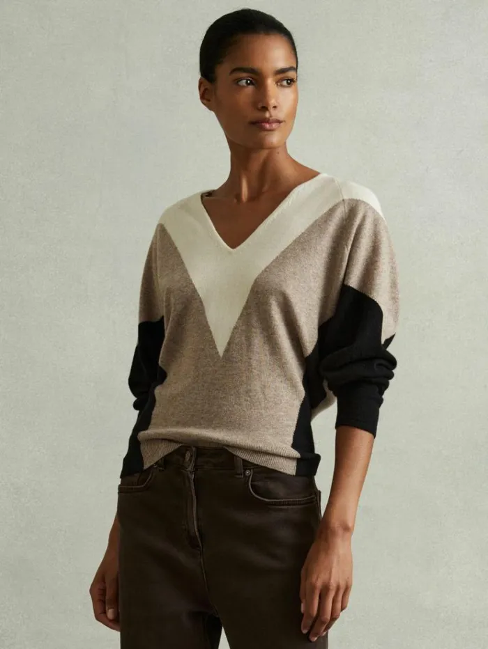 REISS Sweaters Women Wool Blend Colourblock VNeck Jumper Neutralblack