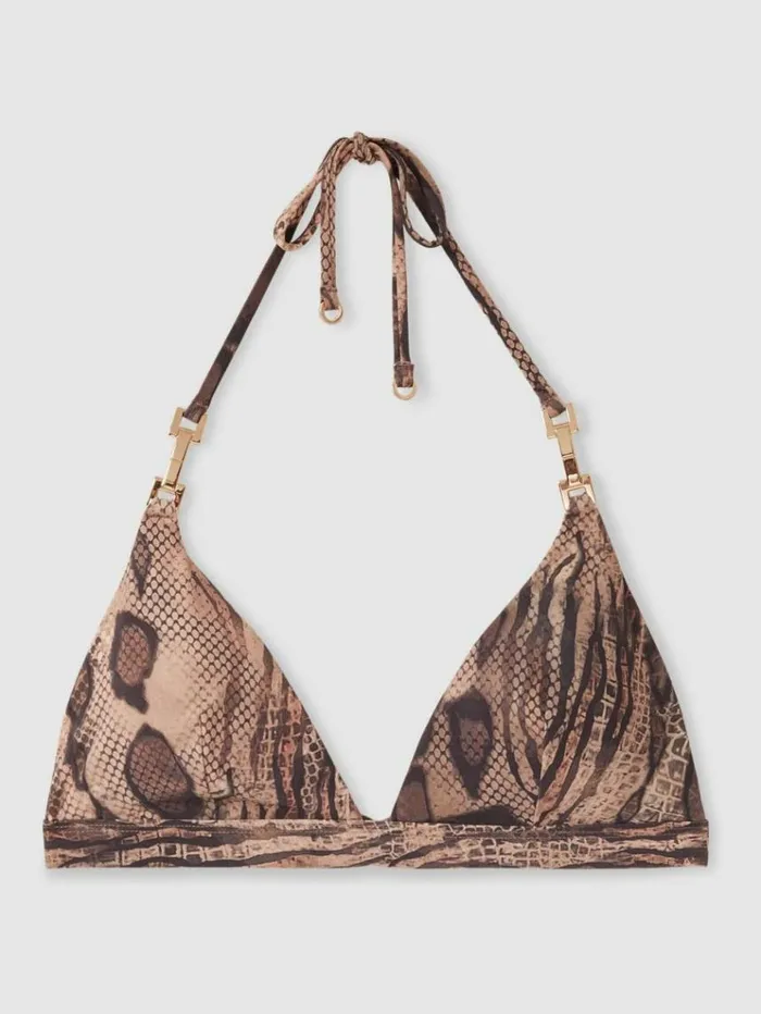 REISS Swimwear Women Snake Print Triangle Halter Neck Bikini Top Mink REISS Swimwear Women Snake Print Triangle Halter Neck Bikini Top Mink