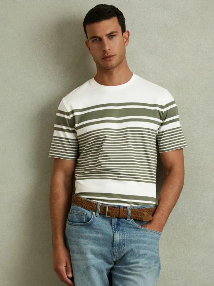 REISS TShirts Men Mercerised Cotton Striped Crew Neck TShirt Whitesage