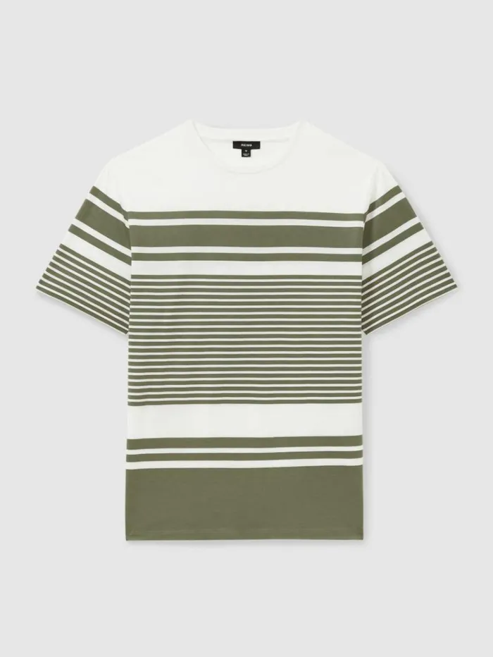 REISS TShirts Men Mercerised Cotton Striped Crew Neck TShirt Whitesage