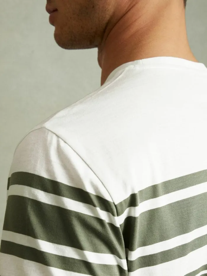 REISS TShirts Men Mercerised Cotton Striped Crew Neck TShirt Whitesage