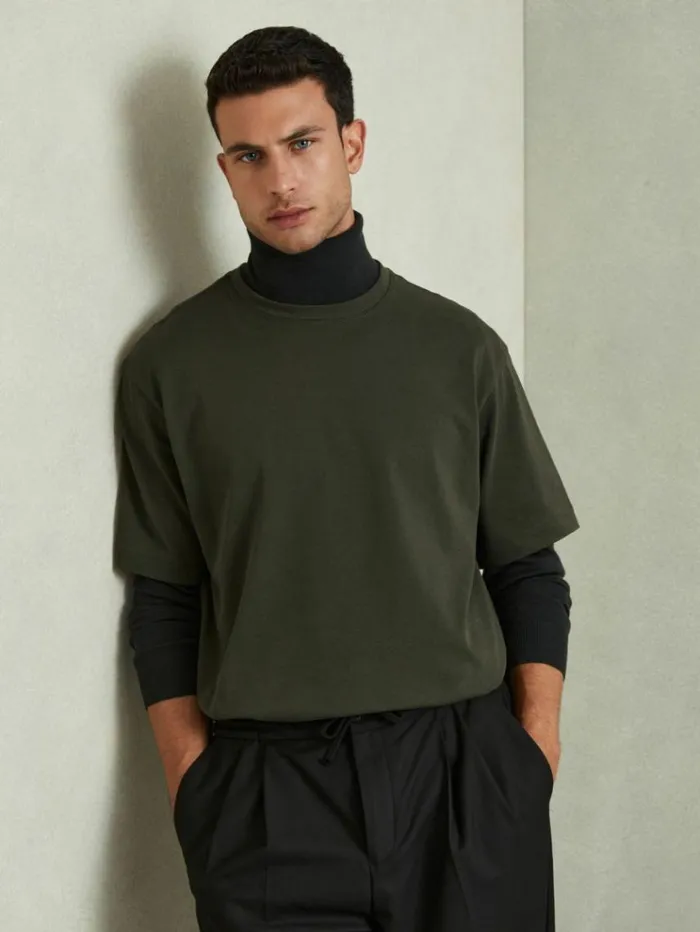 REISS TShirts Men Oversized Garment Dye TShirt Dark Green