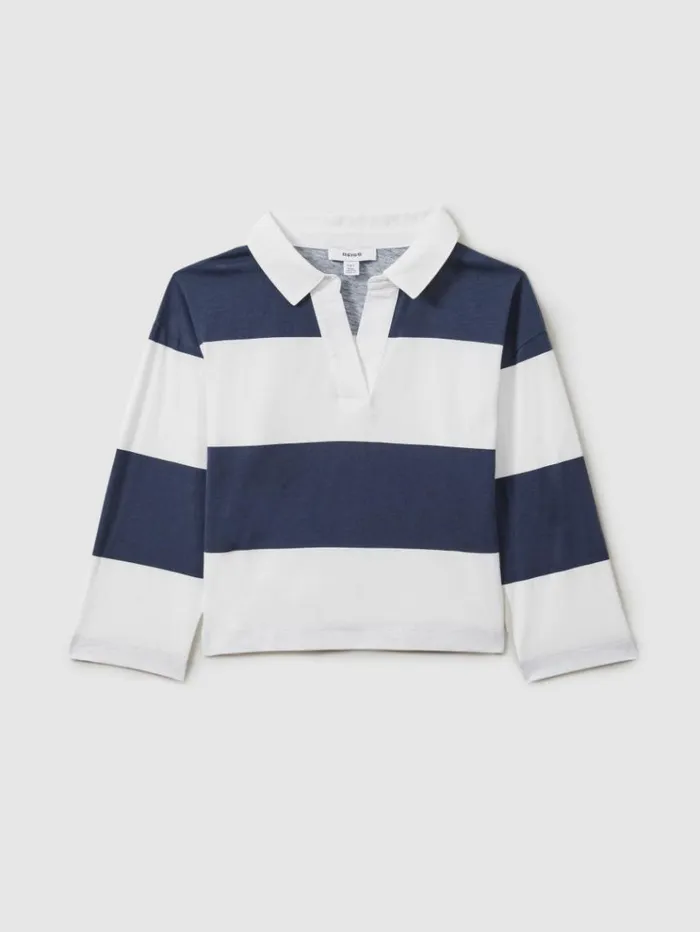 REISS Tops and TShirts Children Oversized Cotton Striped OpenCollar Rugby Top Navy