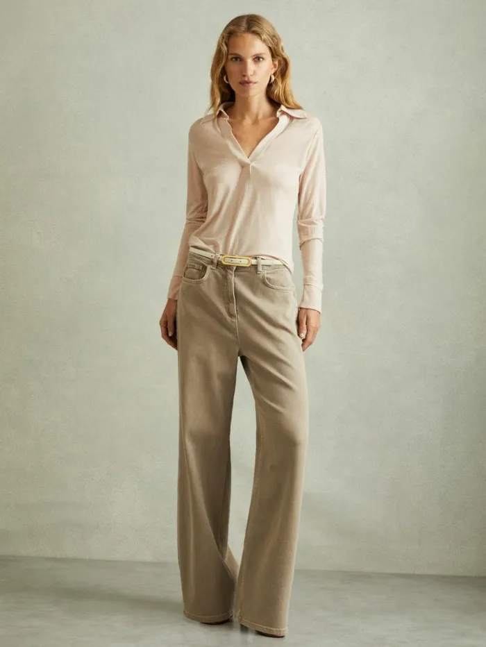 REISS Tops Women Lyocell Wool Open Collar Top Stone