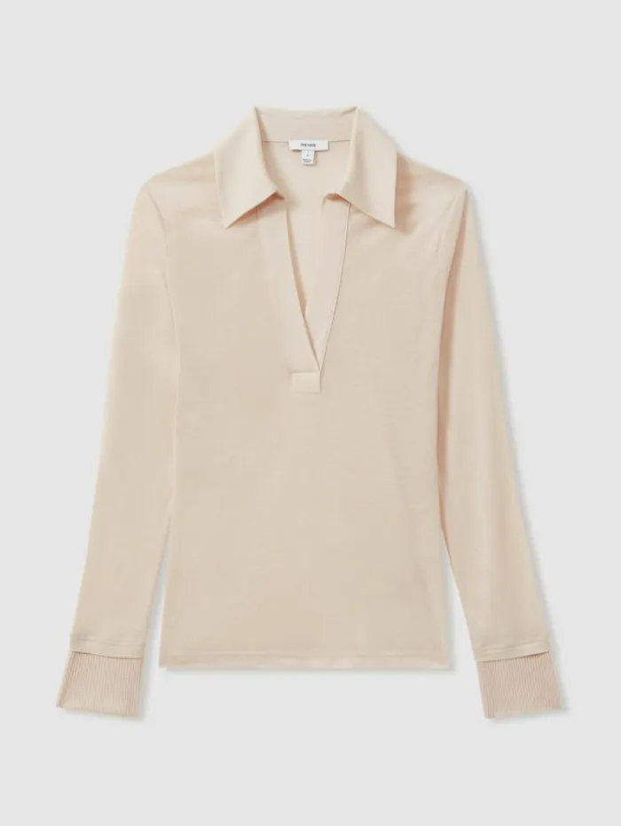 REISS Tops Women Lyocell Wool Open Collar Top Stone