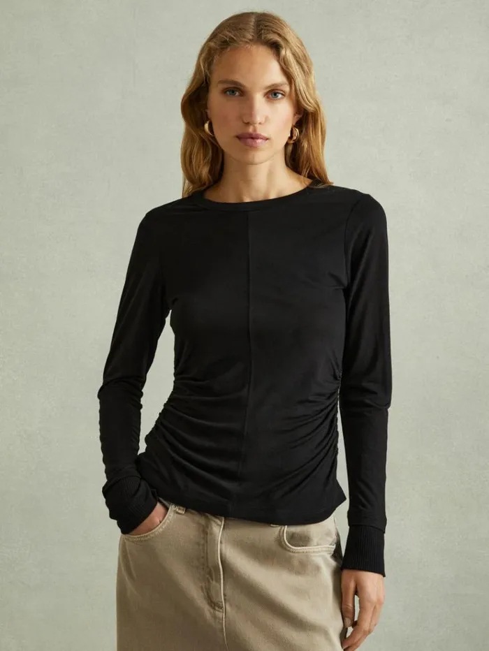 REISS Tops Women Marled Asymmetric Ruched Top Black