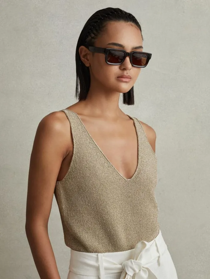 REISS Tops Women Metallic VNeck Vest Gold