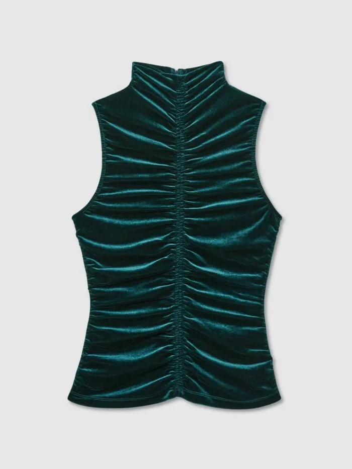 REISS Tops Women RacerFront RuchedVelvet Sleeveless Top Teal