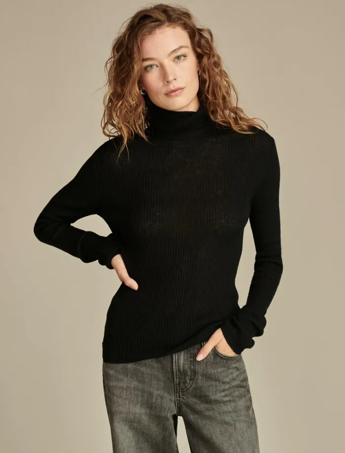 Ribbed Turtleneck Dark Black Women Lucky Brand Knit Tops