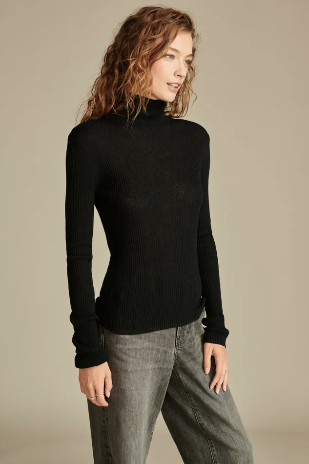 Ribbed Turtleneck Dark Black Women Lucky Brand Knit Tops