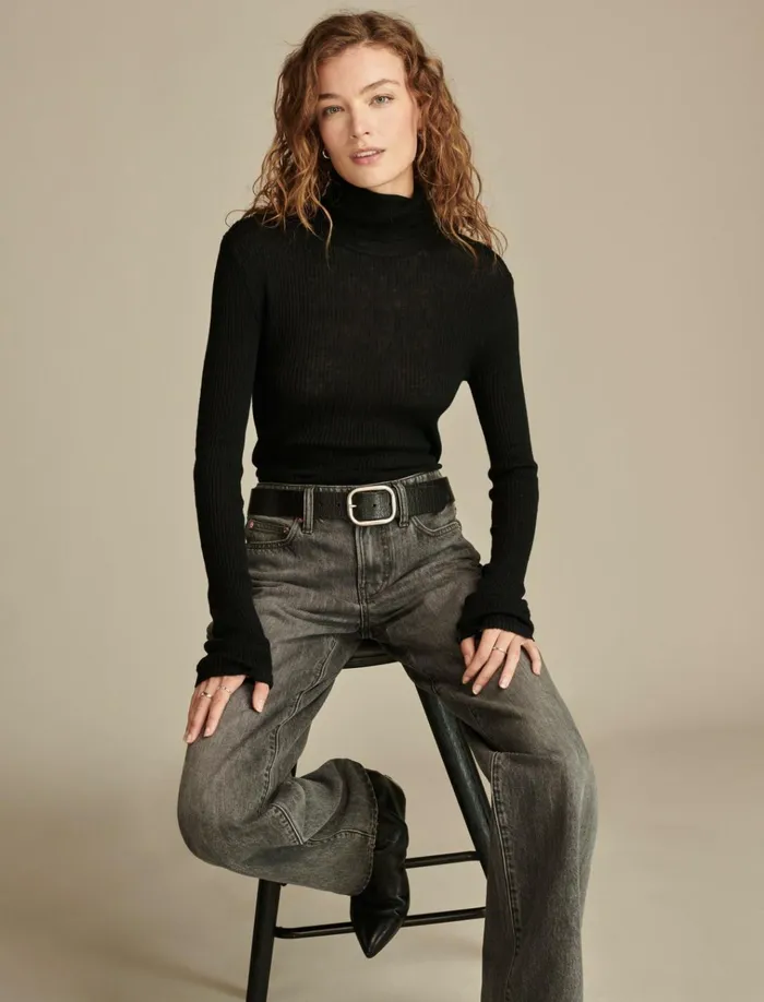 Ribbed Turtleneck Dark Black Women Lucky Brand Knit Tops