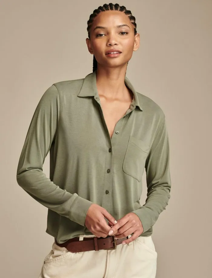 Sandwash Long Sleeve Button Front Dusty Olive Women Lucky Brand Blouses