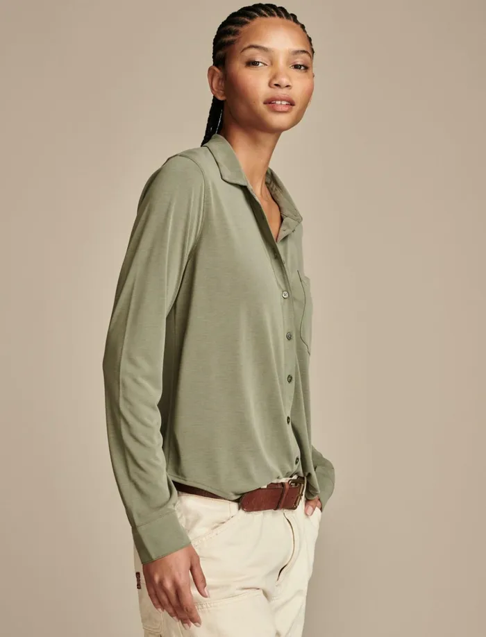 Sandwash Long Sleeve Button Front Dusty Olive Women Lucky Brand Blouses