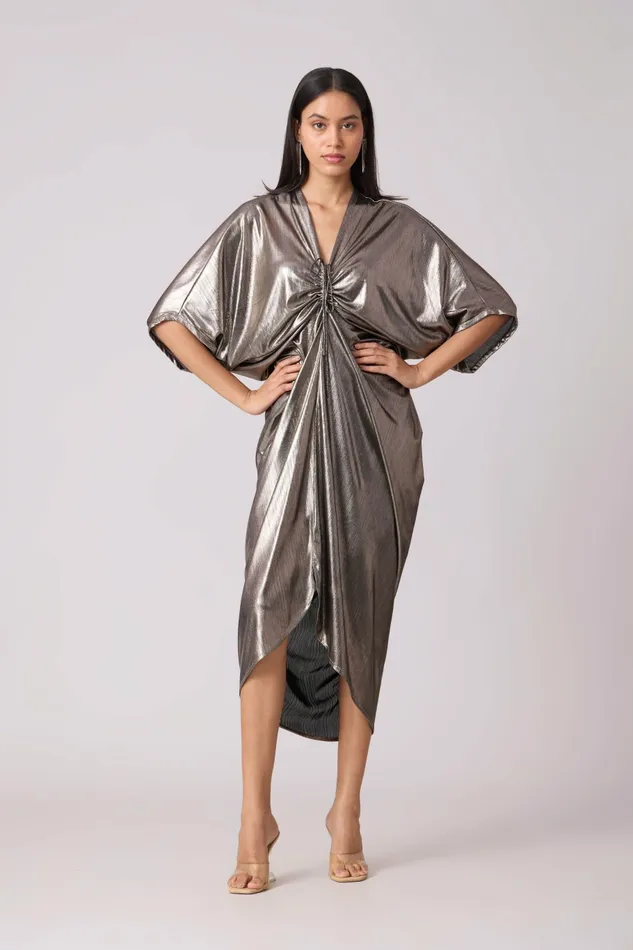 Scarlet Sage Dresses Aika Metallic Rouche Dress 8211 Dark Silver 8211 Women
