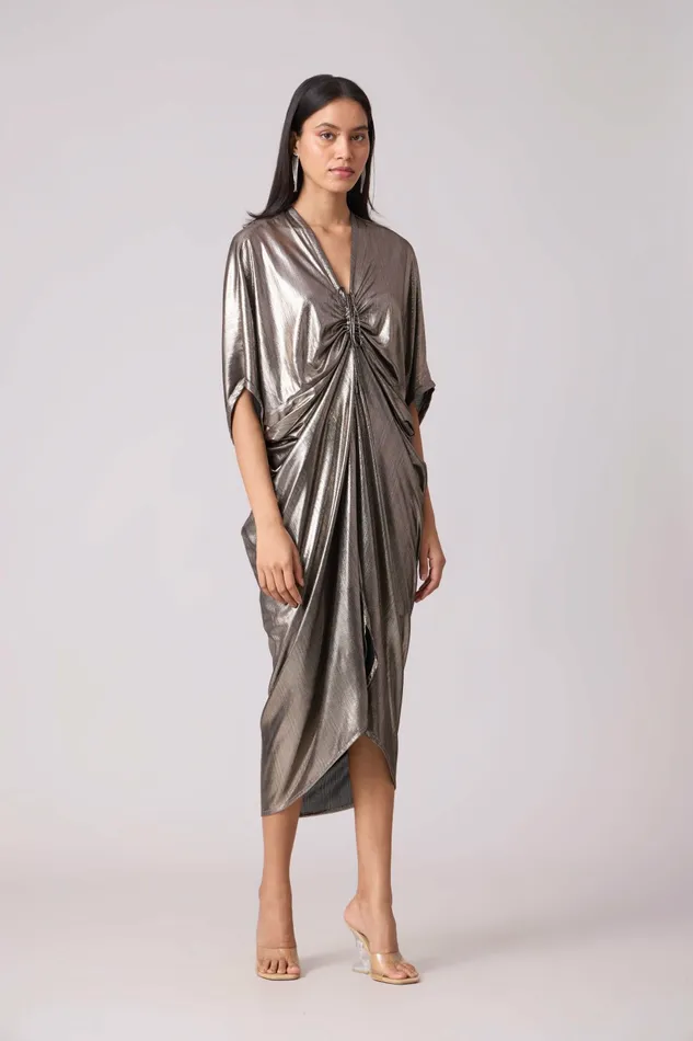 Scarlet Sage Dresses Aika Metallic Rouche Dress 8211 Dark Silver 8211 Women