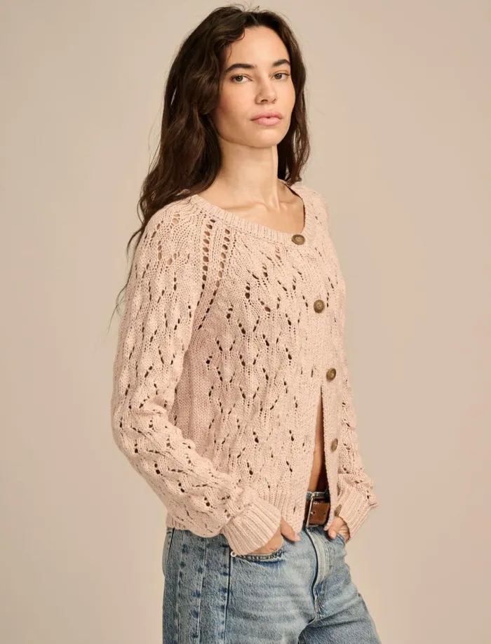 Shine Pointelle Cardigan Rose Smoke Women Lucky Brand Sweaters and Sweatshirts