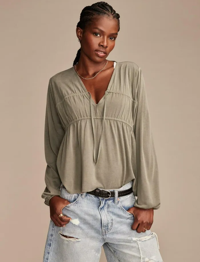 Shirred Tie Front Sandwash Top Dusty Olive Women Lucky Brand Blouses