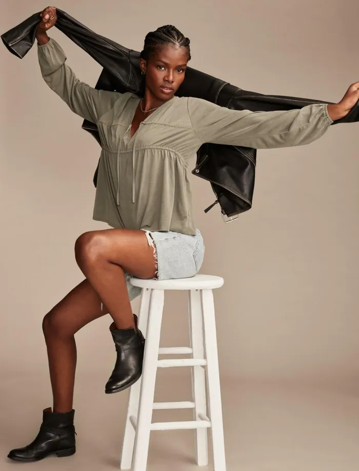 Shirred Tie Front Sandwash Top Dusty Olive Women Lucky Brand Blouses