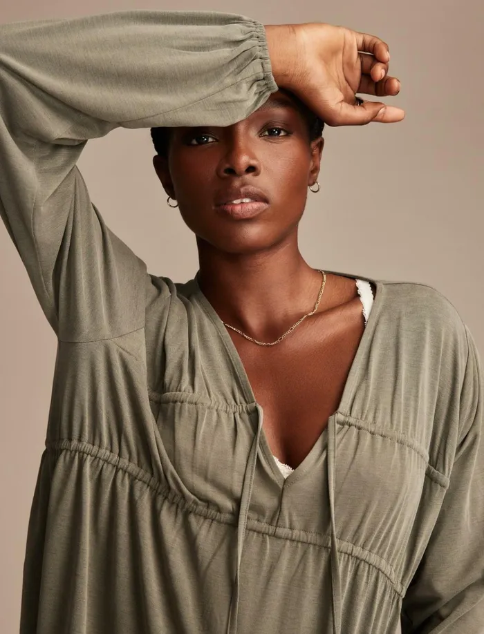 Shirred Tie Front Sandwash Top Dusty Olive Women Lucky Brand Blouses