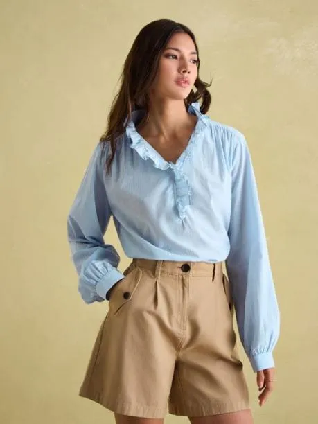 Shirts and Blouses Women Joules BlueWhite Cotton Ruffle Blouse