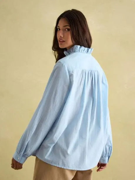 Shirts and Blouses Women Joules BlueWhite Cotton Ruffle Blouse