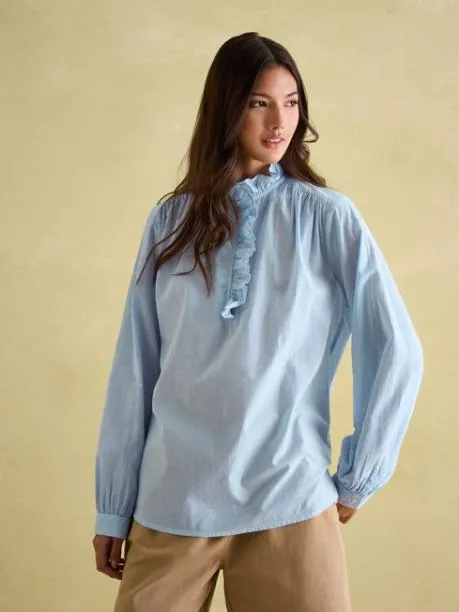 Shirts and Blouses Women Joules BlueWhite Cotton Ruffle Blouse