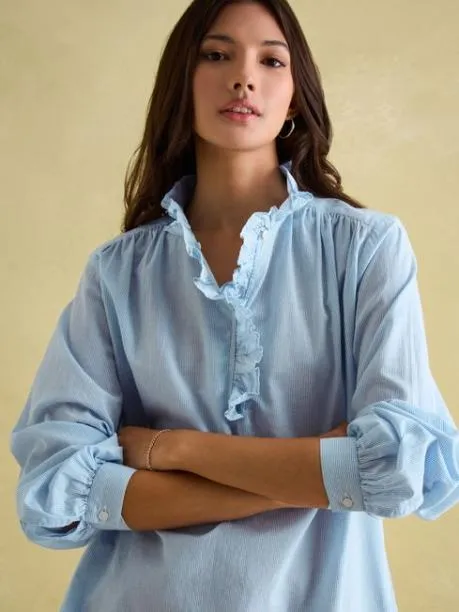 Shirts and Blouses Women Joules BlueWhite Cotton Ruffle Blouse