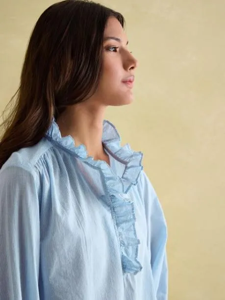 Shirts and Blouses Women Joules BlueWhite Cotton Ruffle Blouse