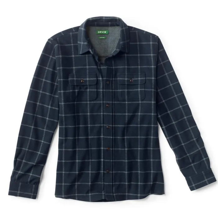 Shirts Men Orvis Snowy River Brushed Knit LongSleeved Shirt Navygreen Plaid