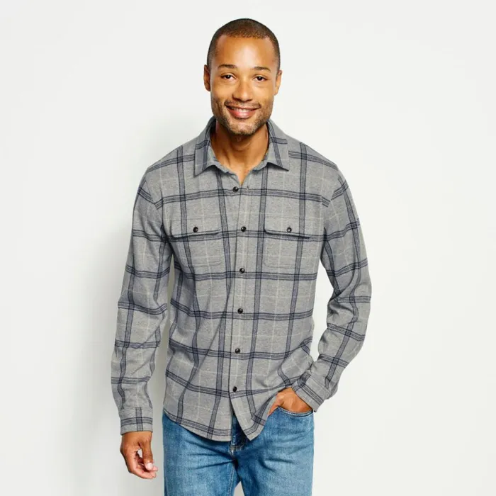 Shirts Men Orvis Snowy River Brushed Knit LongSleeved Shirt Navygreen Plaid
