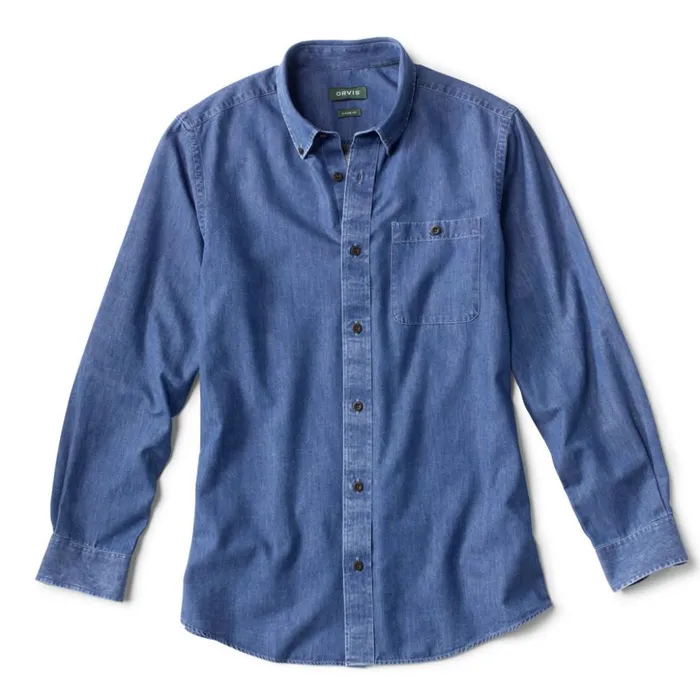 Shirts Men Orvis WrinkleFree Pure Cotton Denim Shirt Washed Indigo