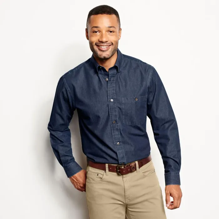 Shirts Men Orvis WrinkleFree Pure Cotton Denim Shirt Washed Indigo