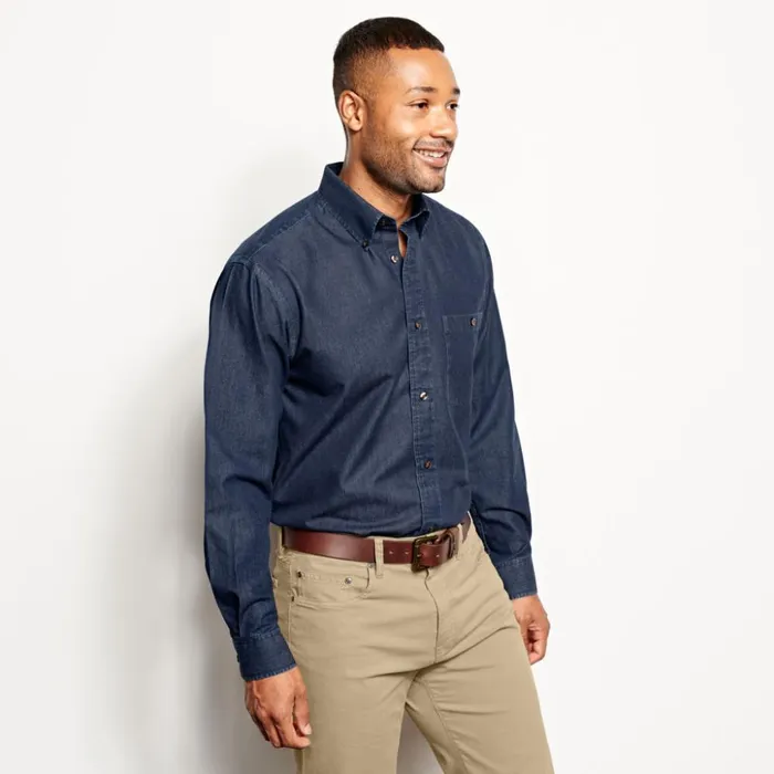 Shirts Men Orvis WrinkleFree Pure Cotton Denim Shirt Washed Indigo