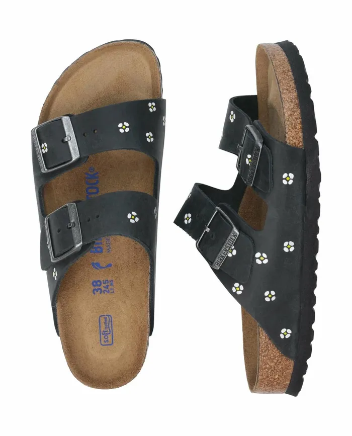 Shoes Women The Great BIRKENSTOCK Arizona With Hand Painted Tooled Daisy Black Oiled Lea