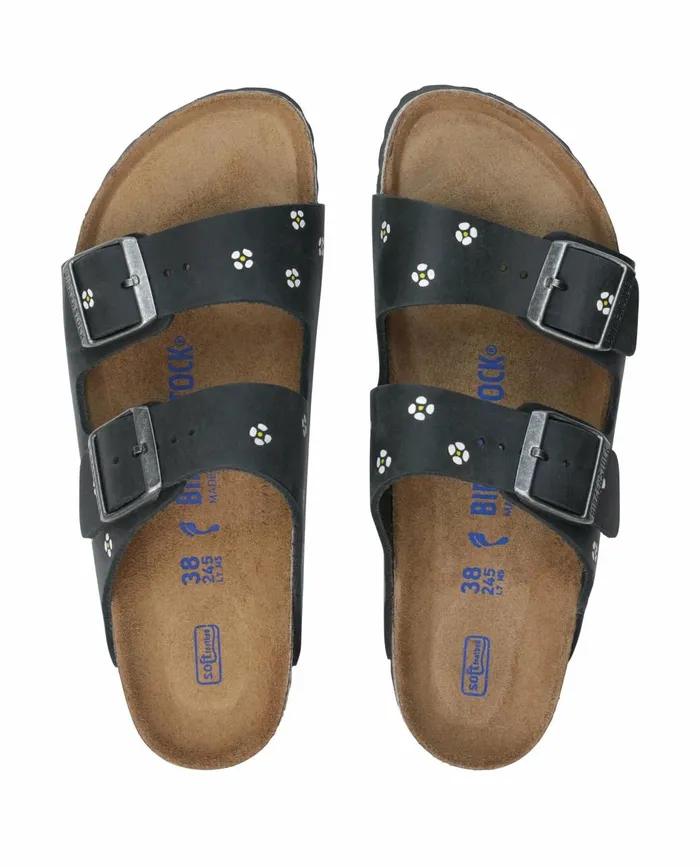 Shoes Women The Great BIRKENSTOCK Arizona With Hand Painted Tooled Daisy Black Oiled Lea